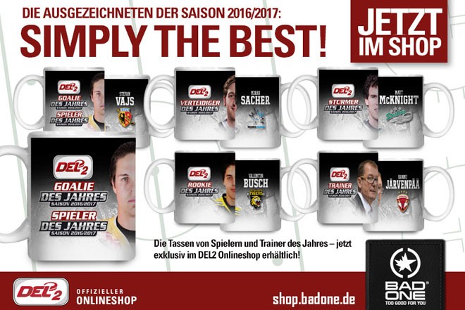 Die Tassen von Spielern und Trainer des Jahres exklusiv im DEL2-Onlineshop 